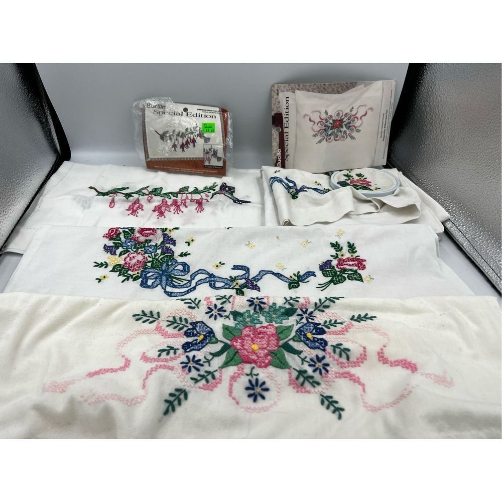 Vintage Needlework Cross Stitch Pillowcase Scarf Fabric Lot